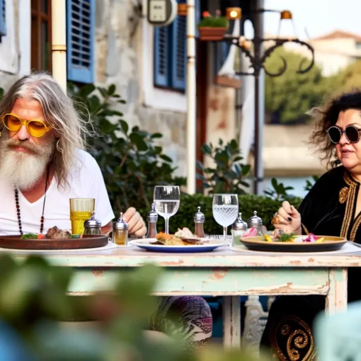 A photograph-style image of a couple dining at an outdoor terrace restaurant during the day. The focus is on the table and the food