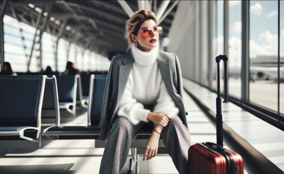 A confident, plus-size woman in her 50s at an airport, dressed in a white fluffy turtleneck sweater, with a blazer nonchalantly draped over her shoulder