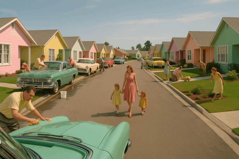 1950s cars outside houses in a surburban village. Men are washing the cars. A woman holding two kids in their hands are walking by, watching the Carwash Marathon.